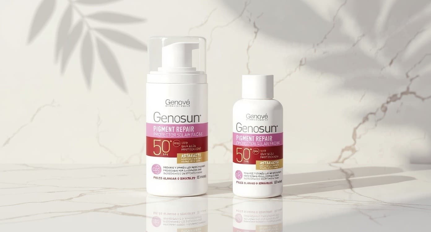 Sérum de ácido azelaico Postbiotic y ampollas VB3 de Atache sobre mesa de mármol blanco bajo luz natural cálida