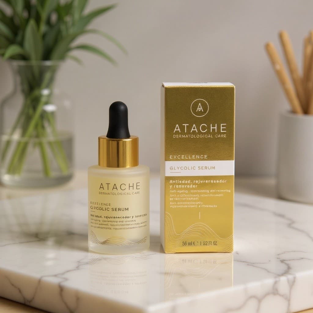 Frasco azul Atache Excellence Glycolic Serum sobre mármol blanco con sombra de hoja de palma bajo luz natural cálida