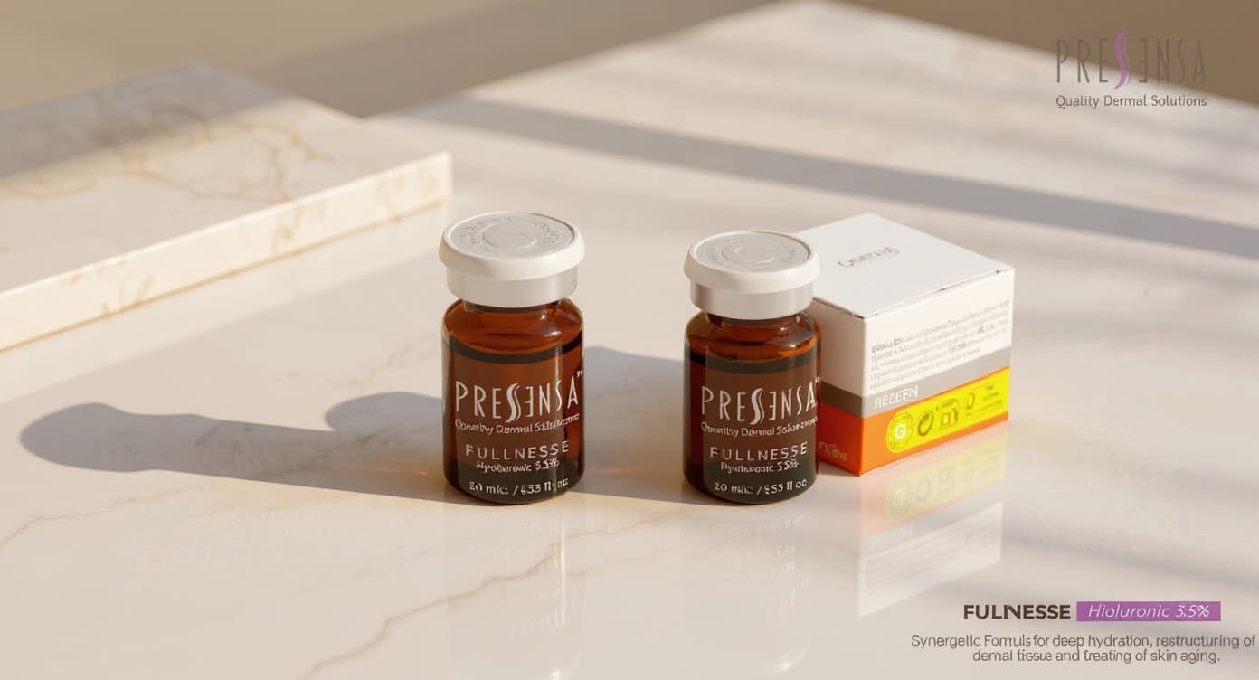 Frasco de sérum de ácido hialurónico junto a frasco de retinol sobre superficie de mármol blanco con luz natural cálida