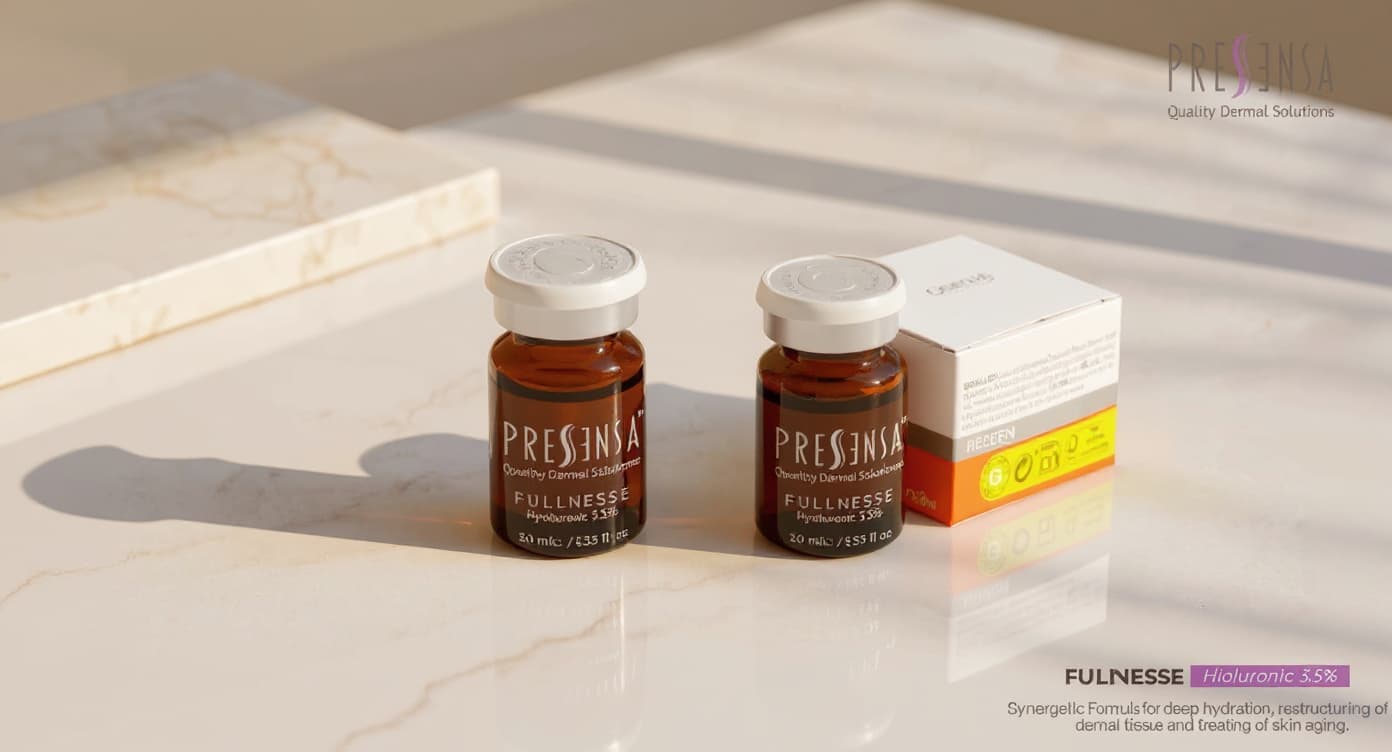 Frasco de sérum de ácido hialurónico junto a frasco de retinol sobre superficie de mármol blanco con luz natural cálida