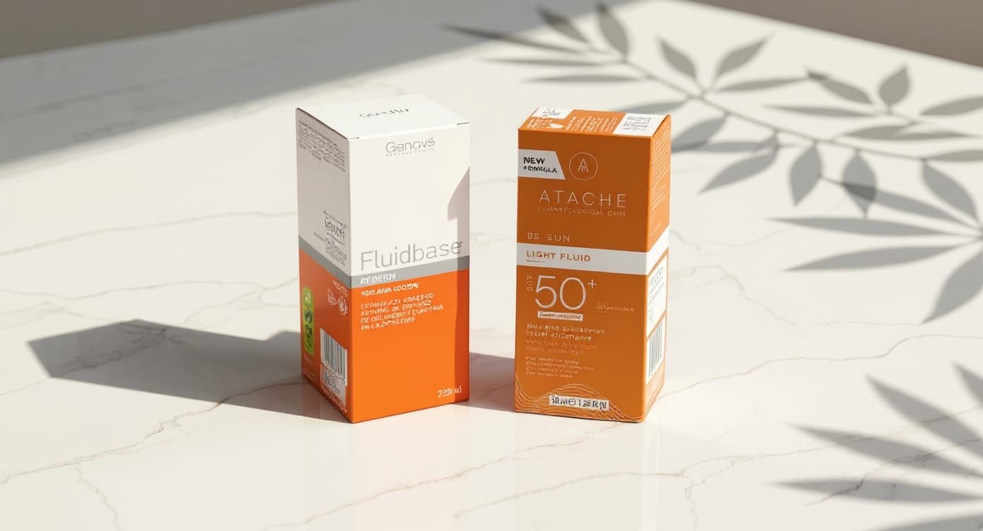 Gotero sérum ámbar sobre superficie de mármol blanco con ramita de almendro y luz natural suave