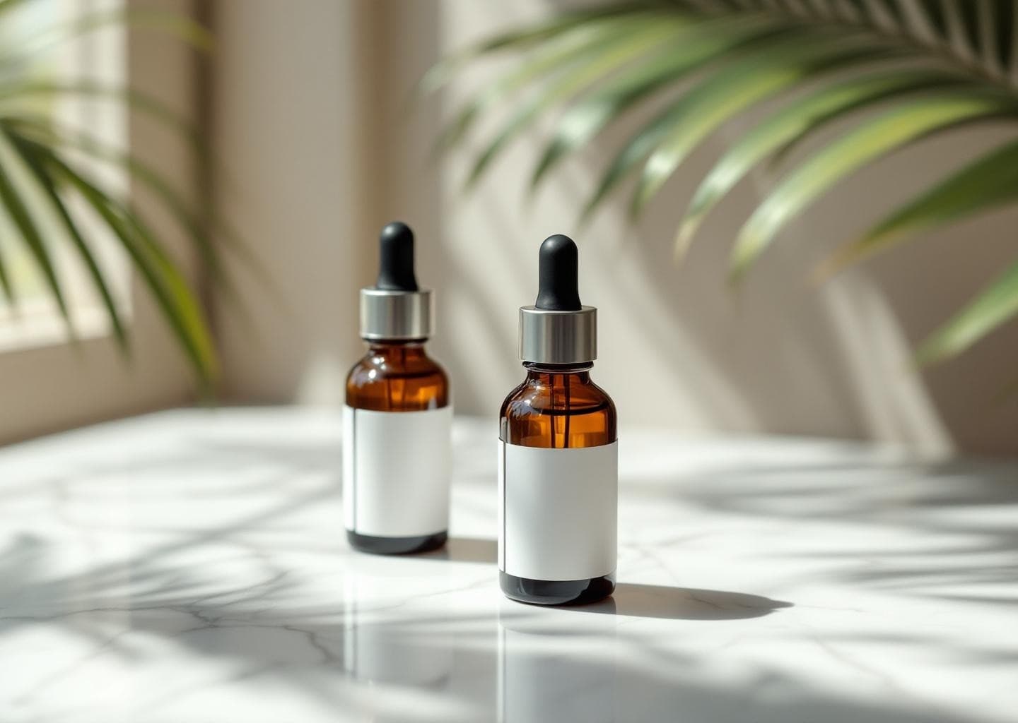 Sérum con ácido tranexámico sobre lavamanos de cerámica blanca junto a paño facial doblado