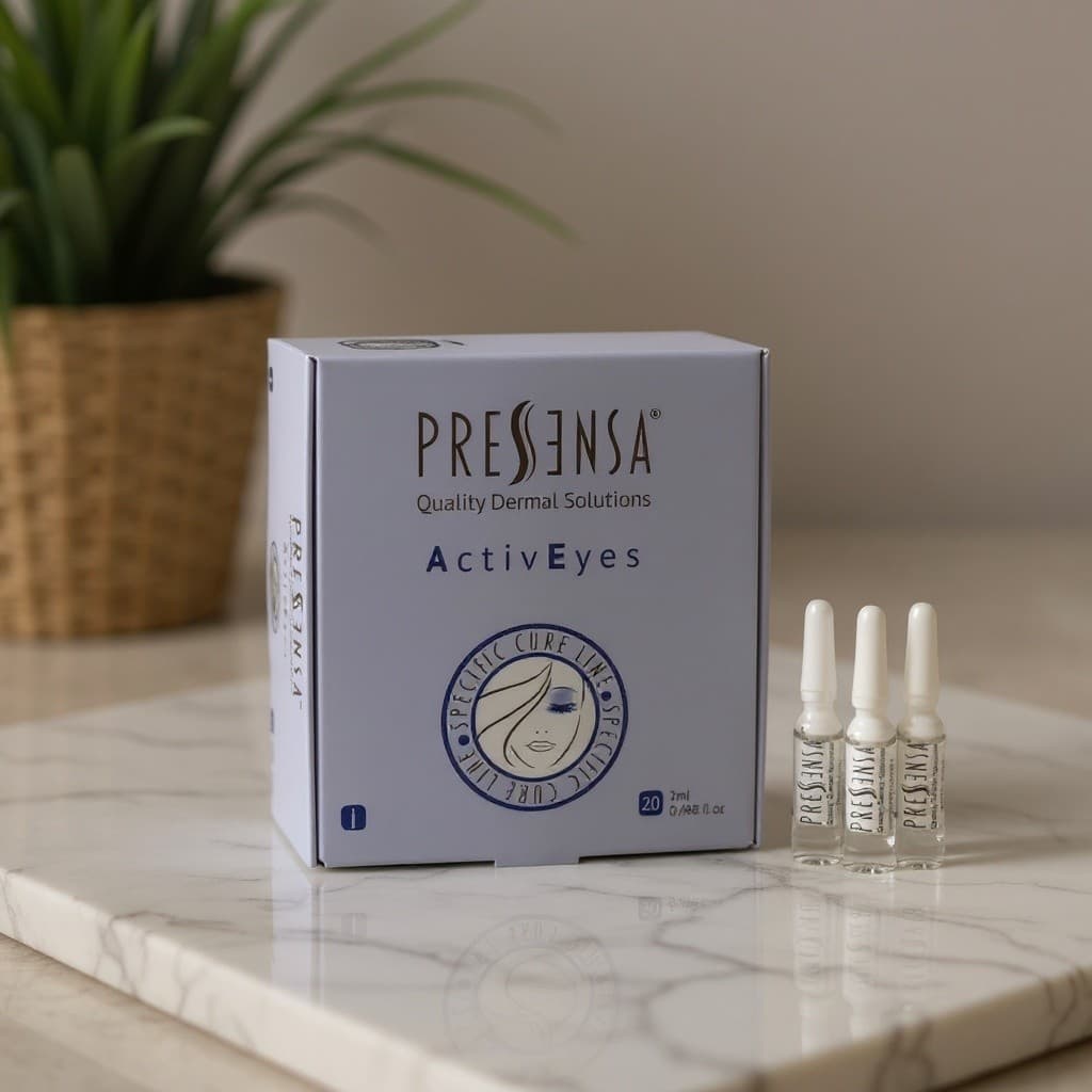 Frasco de Activeyes Pressensa sobre superficie de mármol blanco con luz natural suave y sombra de hoja tropical
