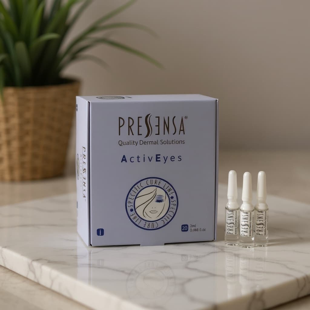 Frasco de Activeyes Pressensa sobre superficie de mármol blanco con luz natural suave y sombra de hoja tropical