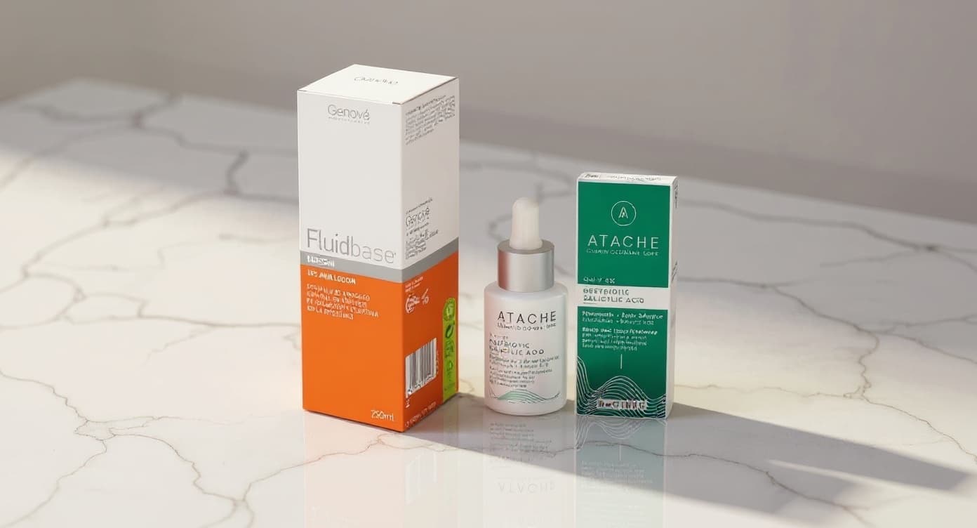 Dos serums dermocosméticos exfoliantes sobre superficie de mármol blanco bajo luz natural, línea Rederm de Genovè y línea Oily SK de Atache