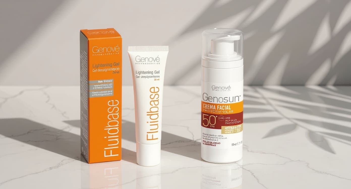 Dos frascos de dermocosmética sobre superficie de mármol blanco: gel despigmentante con arbutina y sérum con niacinamida bajo luz natural cálida