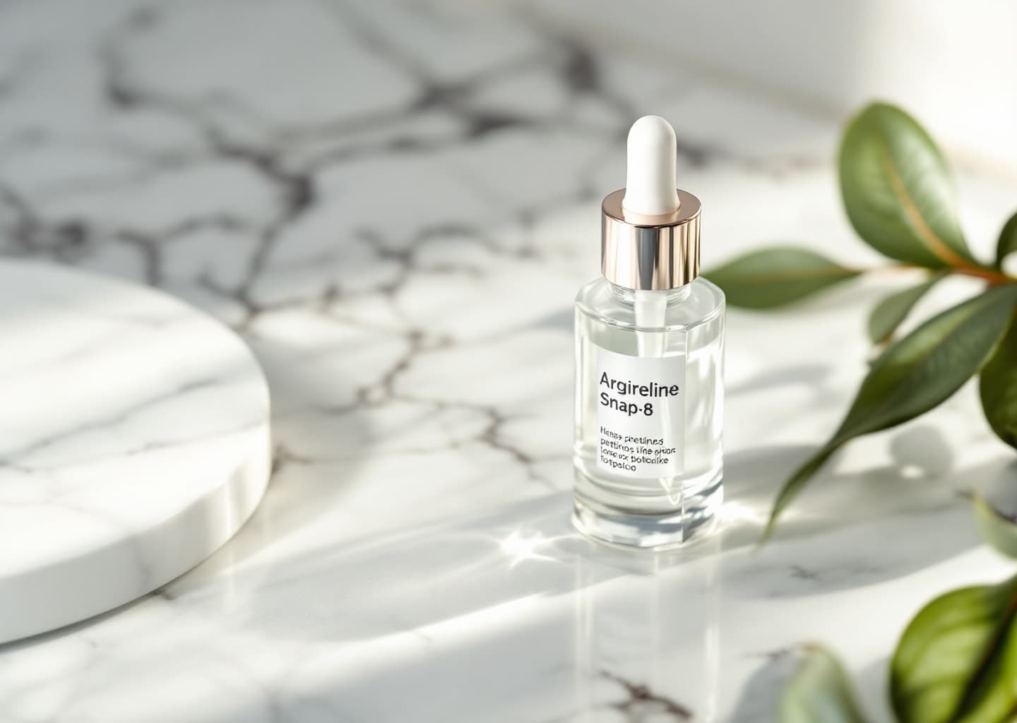 Sérum facial transparente en frasco con gotero de cristal sobre mármol blanco, luz lateral suave creando reflejo difuso