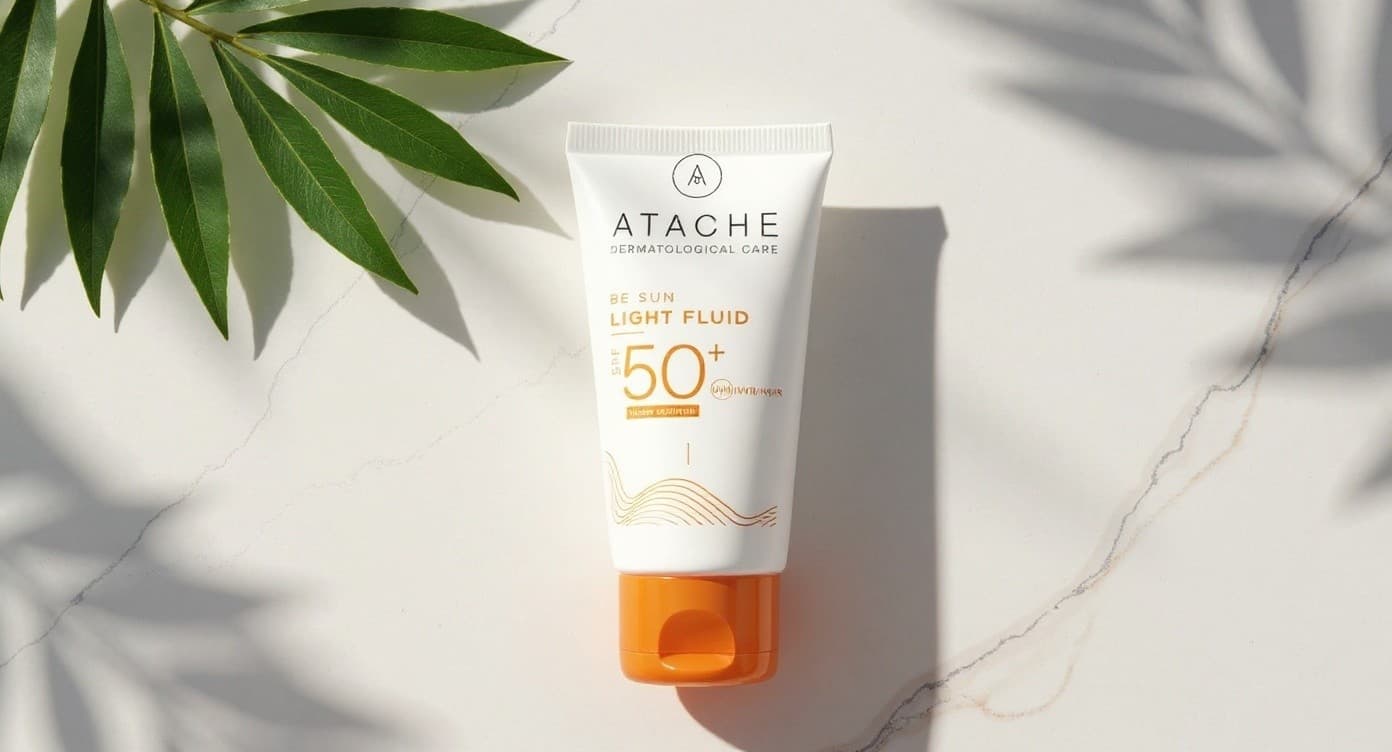 Frasco de protector solar facial Atache BE SUN Light Fluid sobre superficie de mármol blanco iluminado por luz natural tropical