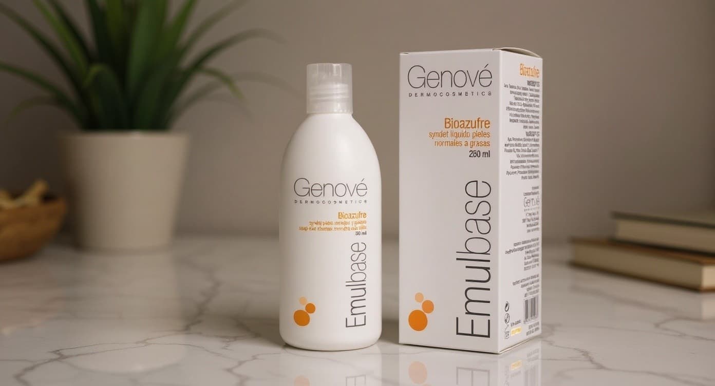 Frasco blanco de gel seboregulador Emulbase de Genove sobre encimera de marmol blanco en bano con planta y grifo cromado bajo luz natural suave