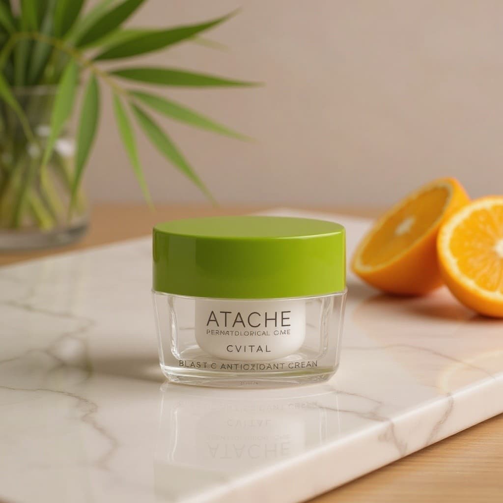 Tarro Blast C Antioxidant Cream de Atache en cocina luminosa junto a cesta de cítricos frescos
