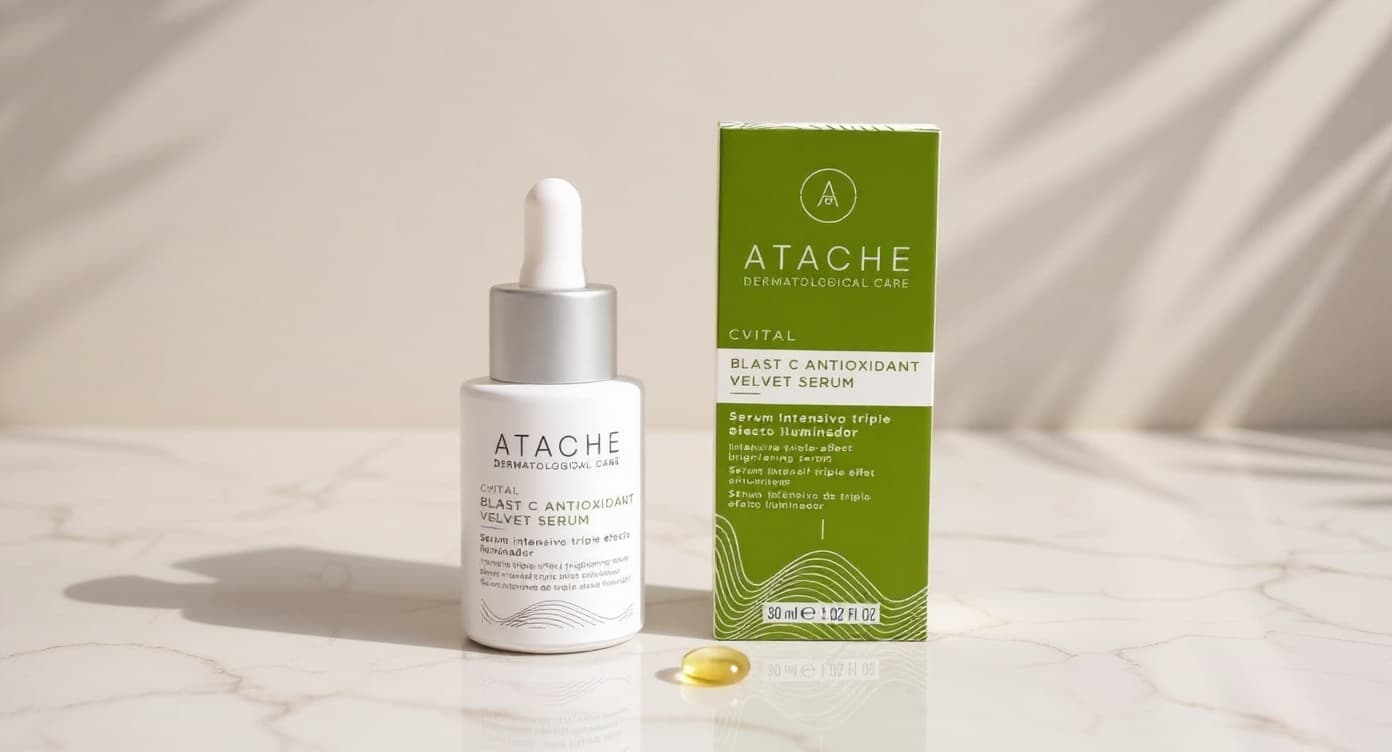Frasco cuentagotas de Blast C Antioxidant Velvet Serum de Atache sobre superficie de mármol blanco con luz natural