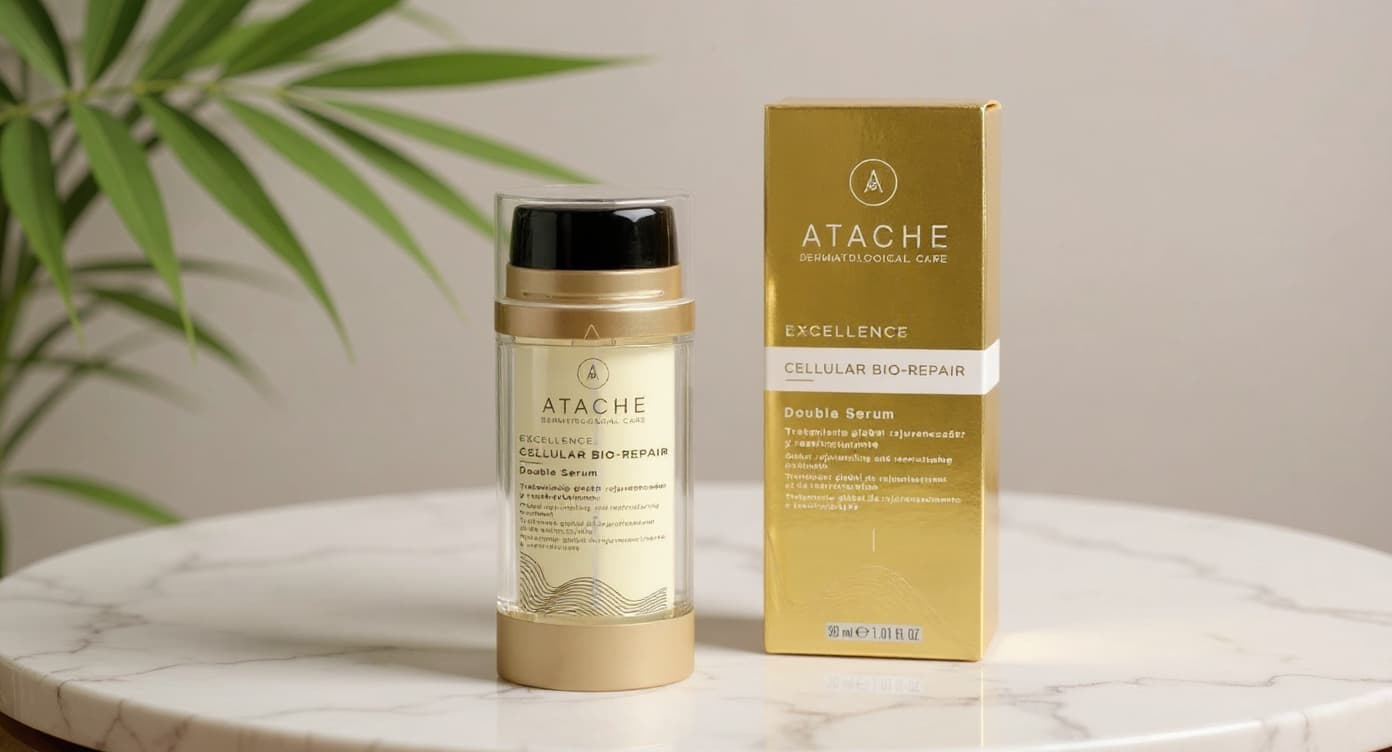Frasco bifásico de sérum antiedad sobre superficie de mármol blanco con sombra de hoja verde bajo luz natural suave