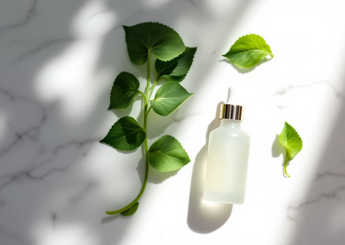 Hojas verdes de centella asiática junto a un sérum transparente sobre superficie de mármol blanco bajo luz natural suave