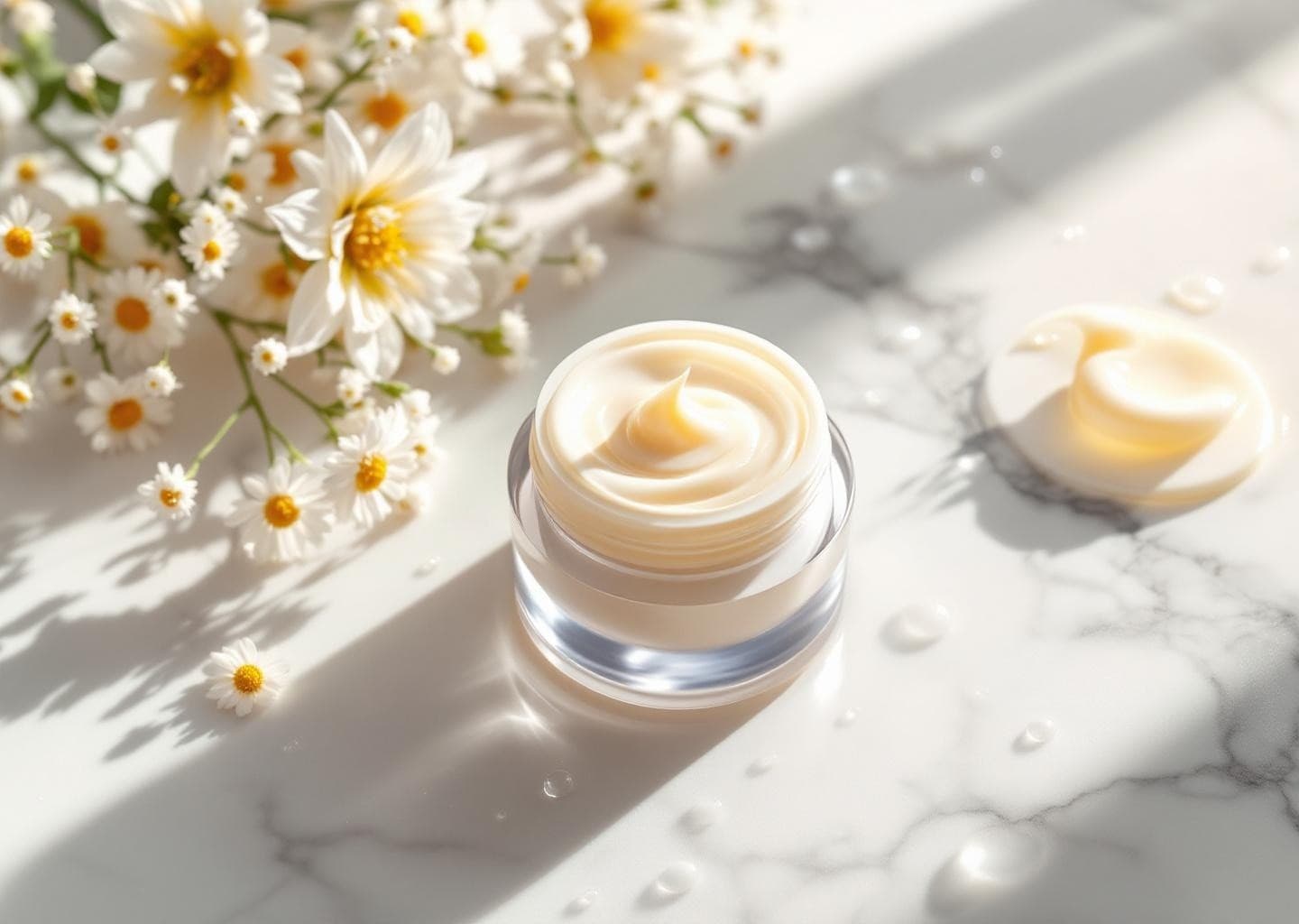 Detalle macro de cápsula de ceramidas abierta junto a frasco con crema reparadora de barrera