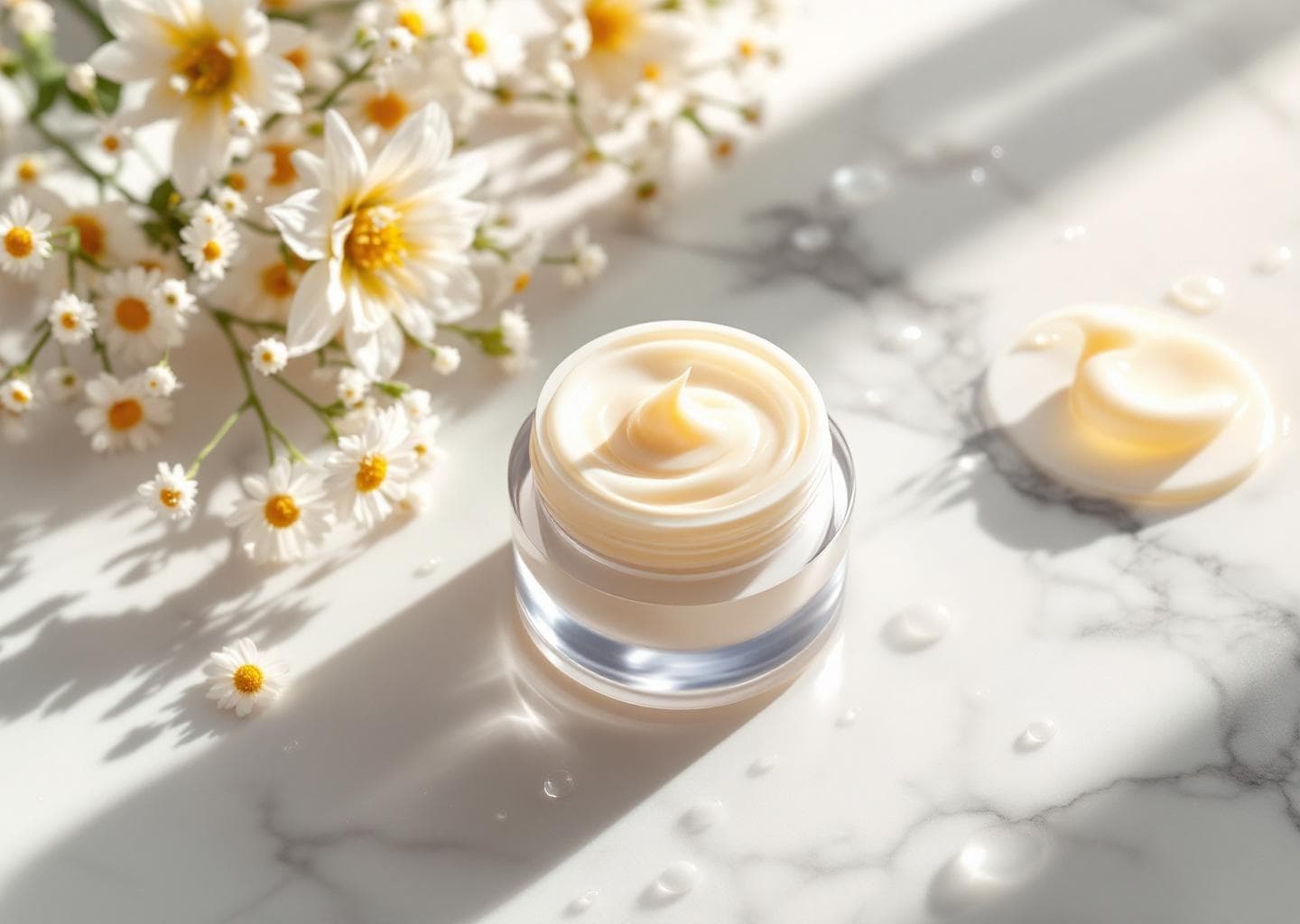 Detalle macro de cápsula de ceramidas abierta junto a frasco con crema reparadora de barrera