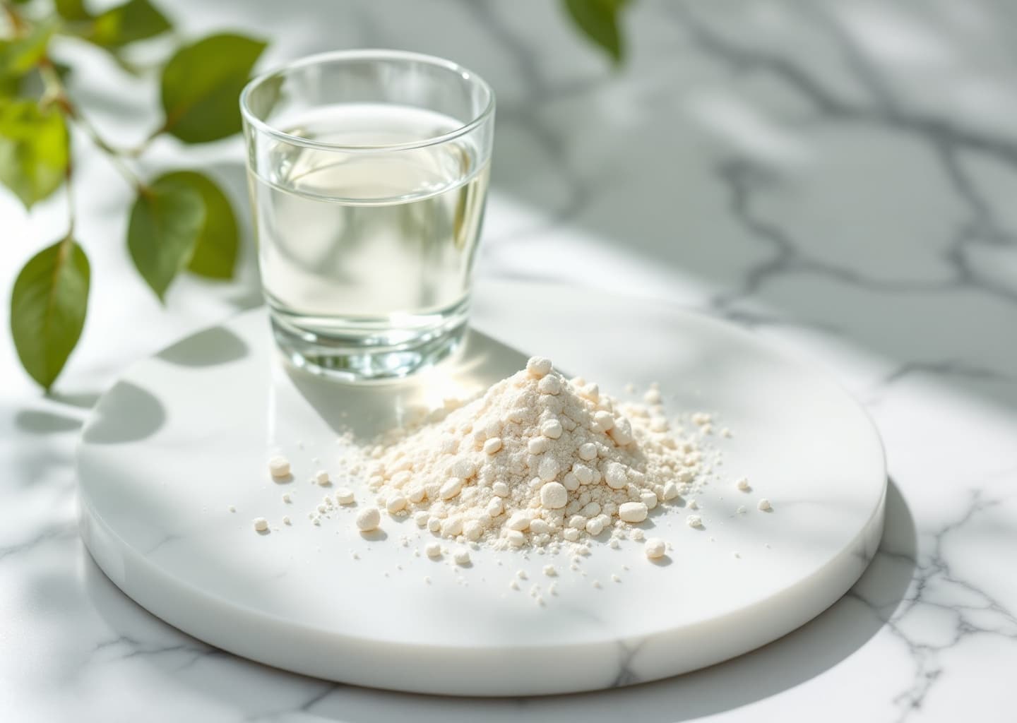 Frasco transparente de colágeno en polvo junto a vaso de agua sobre mármol blanco bajo luz natural matutina