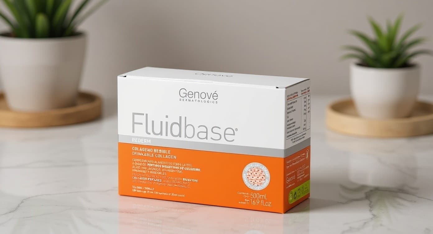 Vaso de vidrio con bebida ámbar traslúcida sobre mármol blanco, cuchara pequeña y semillas naturales al lado, luz cálida