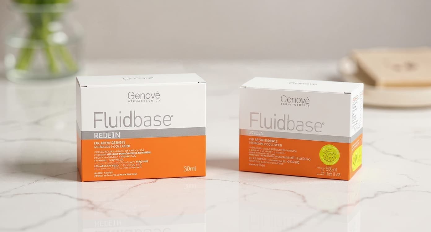Frasco ámbar de sérum retinol junto a contenedor de colágeno hidrolizado en polvo sobre superficie de mármol blanco con luz natural