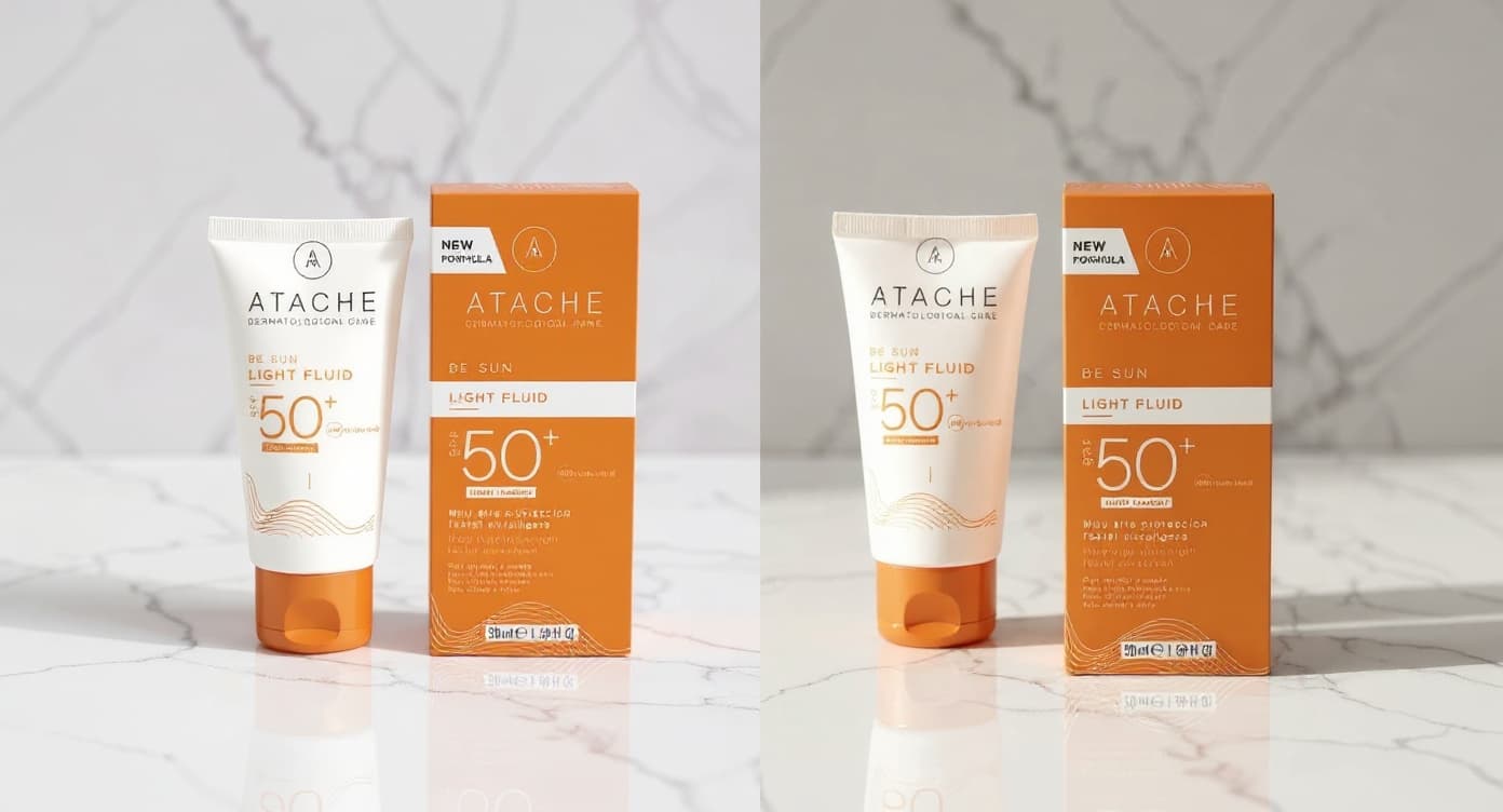 Mujer aplicando crema en el cuello frente al espejo, botes de skincare sobre mármol blanco con luz natural cálida