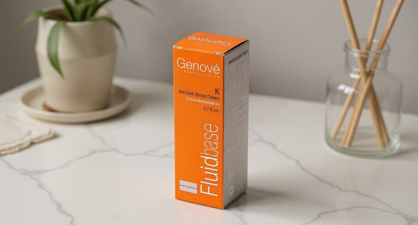 Frasco cuentagotas de vidrio ámbar sobre mármol blanco con hojas frescas verdes al lado y luz natural suave