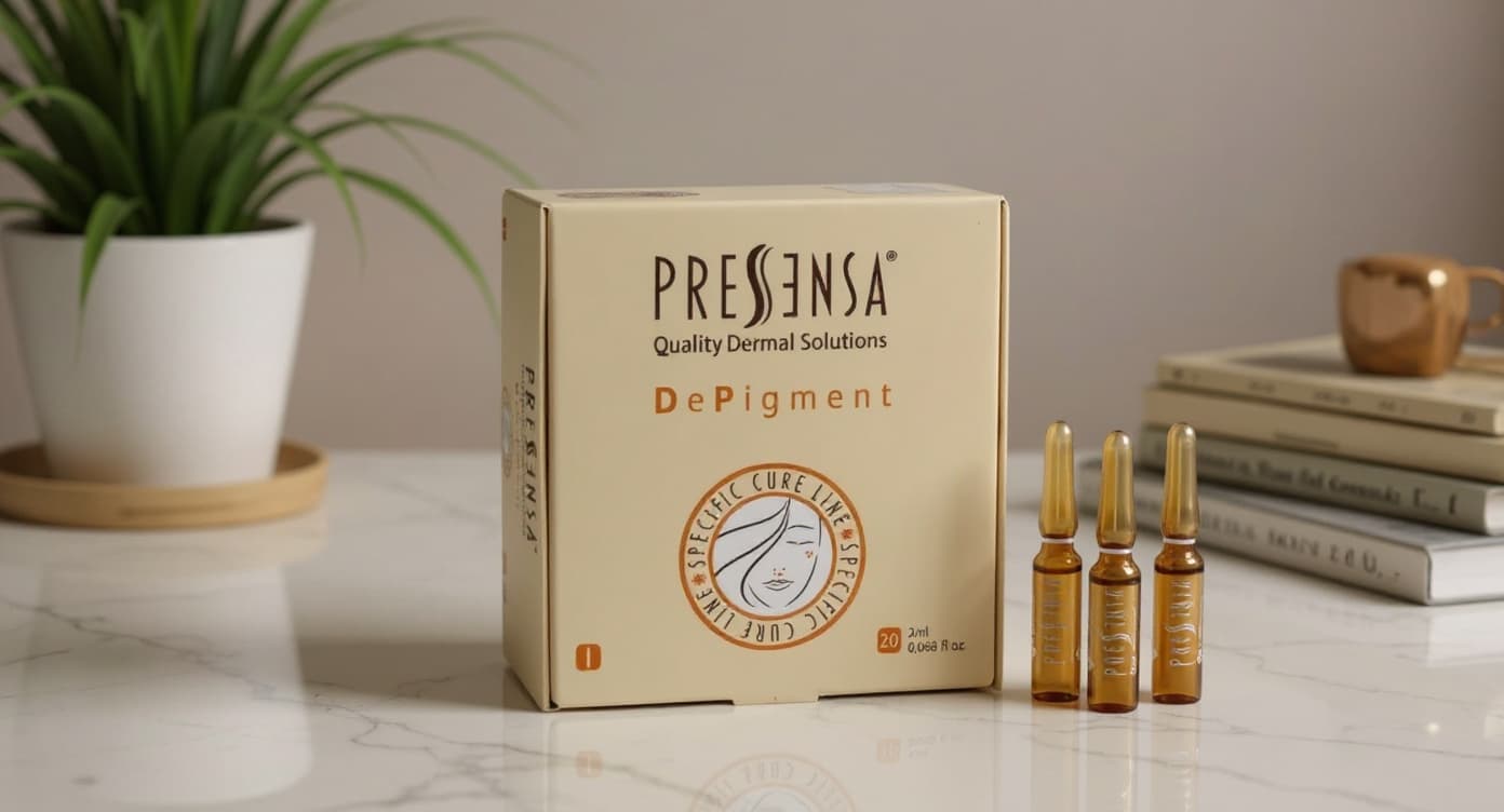 Ampolla monodosis DePigment de Pressensa sobre superficie de mármol blanco con luz natural suave y sombra tenue