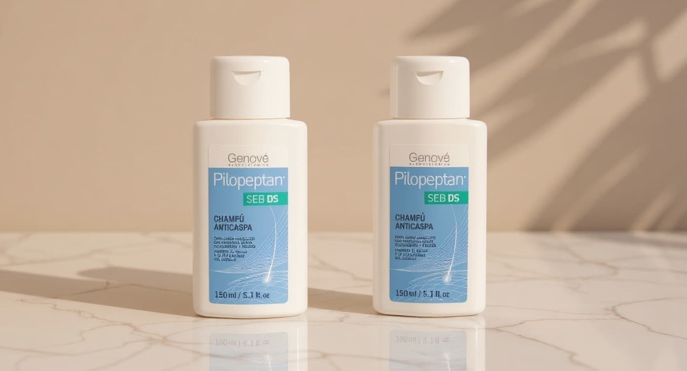 Frasco de champú dermatológico sin marca y toalla blanca sobre mármol claro, escena de cuidado capilar bajo luz natural suave