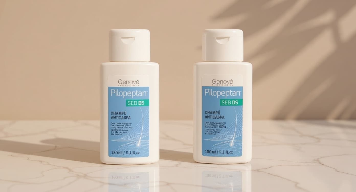 Frasco de champú dermatológico sin marca y toalla blanca sobre mármol claro, escena de cuidado capilar bajo luz natural suave