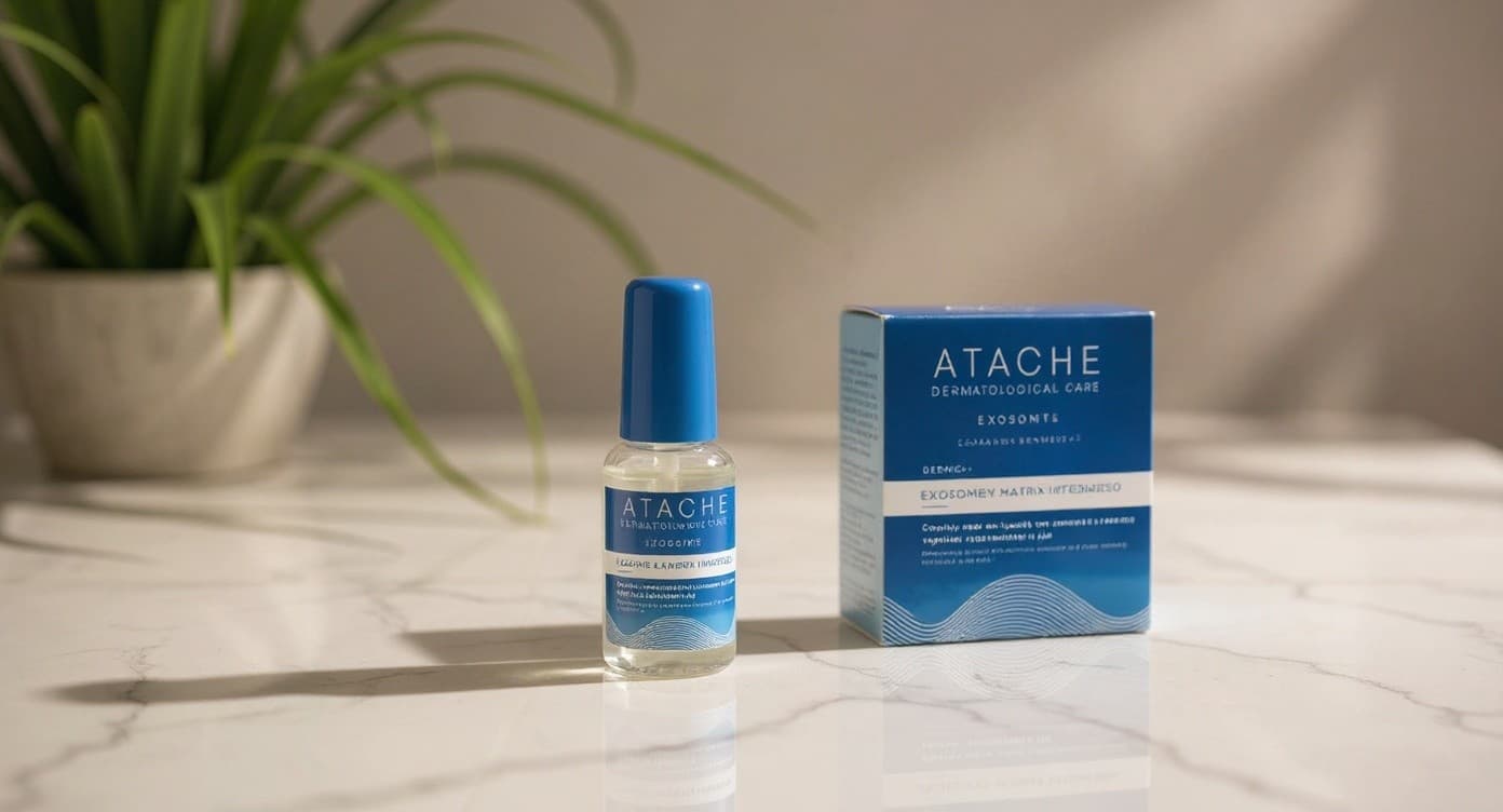 Caja blanca y vial profesional de Dermic+ Exosome de Atache sobre superficie de mármol blanco con luz natural suave