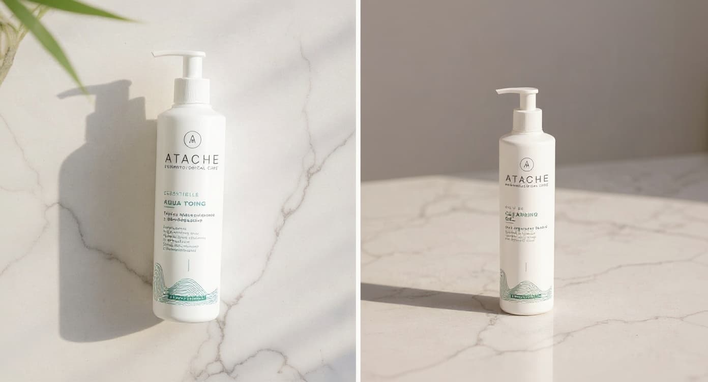 Frascos de limpiador facial en aceite y gel sobre superficie de mármol blanco bajo luz natural, composición editorial de cuidado facial