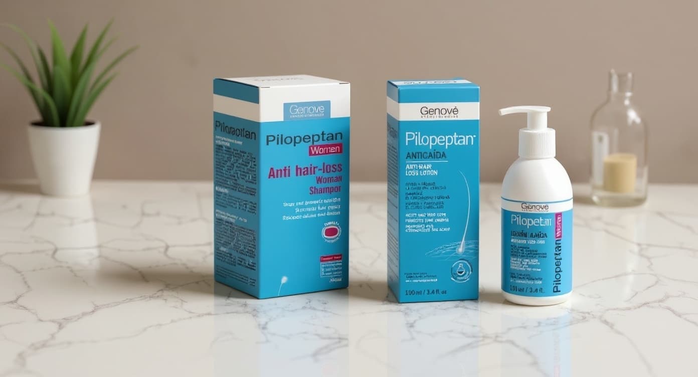 Champú y loción capilar PILOPEPTAN de Genovè sobre superficie de mármol blanco bajo luz natural difusa