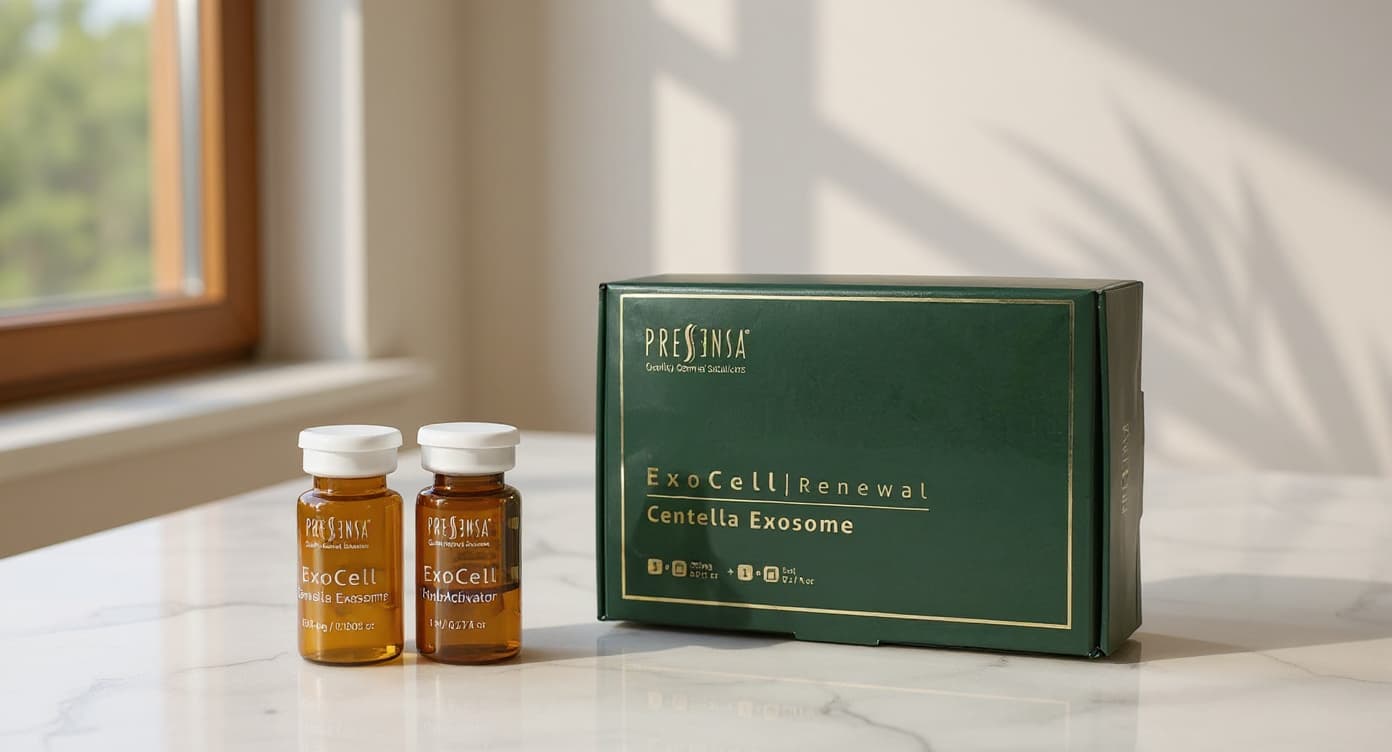 Doble vial de tratamiento Exocell Centella Exosome sobre mármol blanco con luz natural cálida y sombra suave