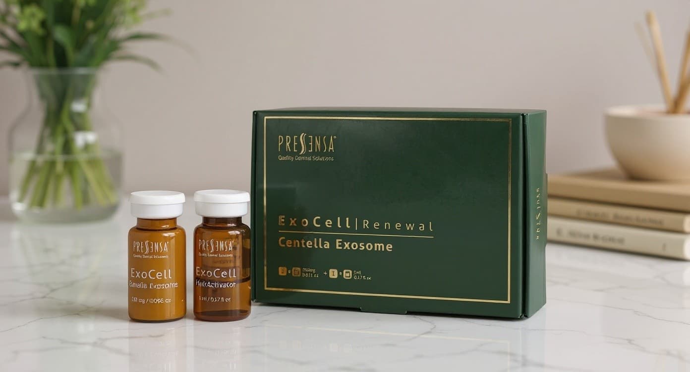 Frasco minimalista de sérum dermocosmético junto a hojas verdes de centella asiática sobre superficie de mármol blanco con luz natural suave