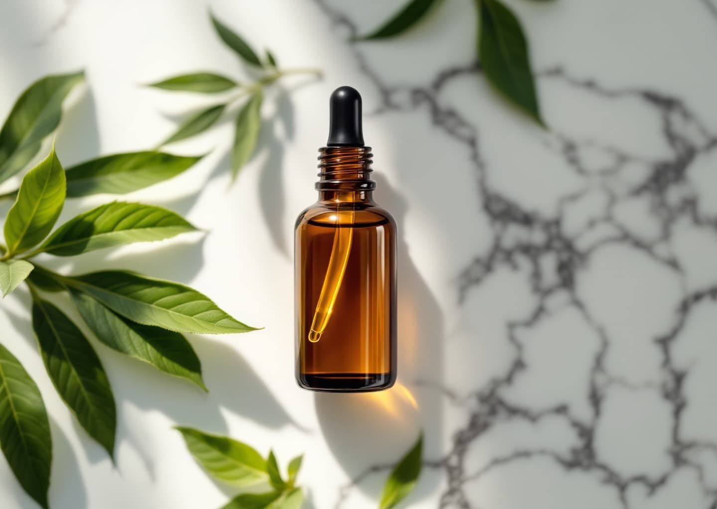 Frasco minimalista de sérum dermocosmético junto a hojas verdes de centella asiática sobre superficie de mármol blanco con luz natural suave