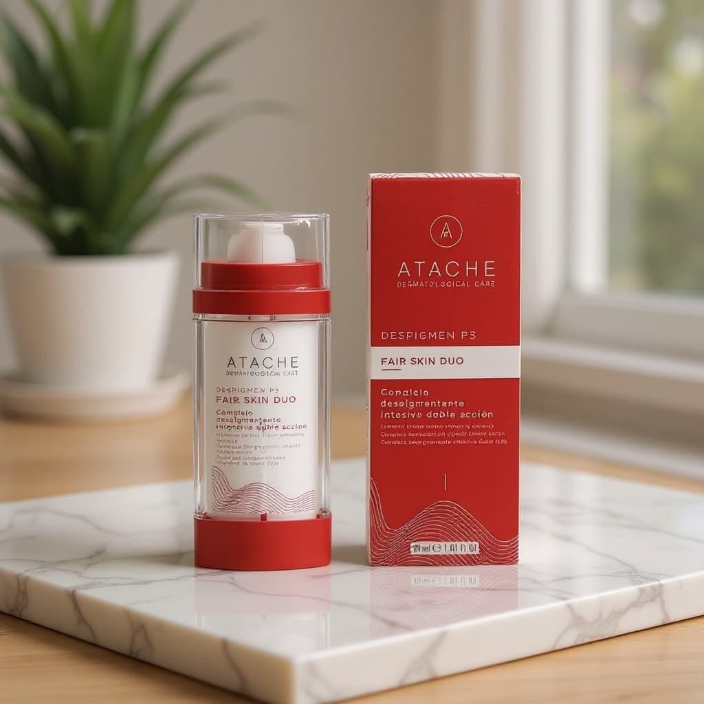 Fair Skin Duo de Atache en repisa de baño con luz matinal del Caribe filtrada por persiana
