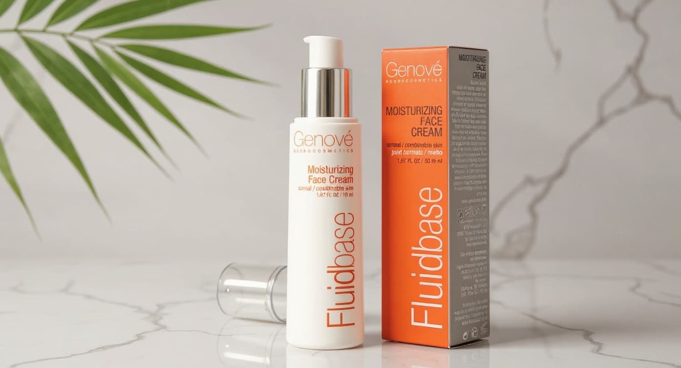 Frasco Fluidbase Crema Hidratante Pieles Grasas de Genové sobre superficie de mármol blanco con luz natural cálida y sombra suave de hoja de palma