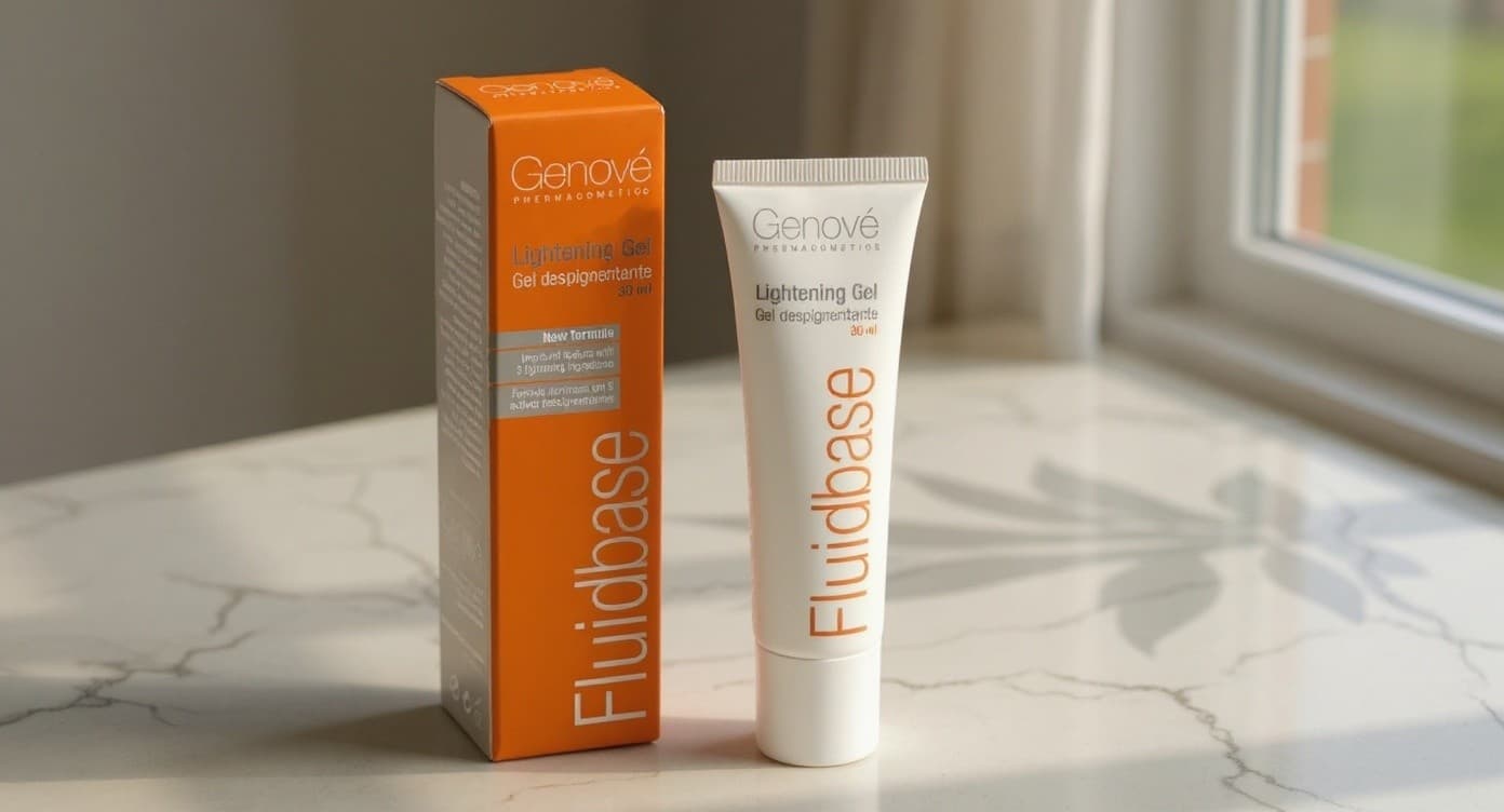 Frasco blanco con gotero de Fluidbase Gel Despigmentante de Genovè sobre superficie de mármol blanco con luz natural suave