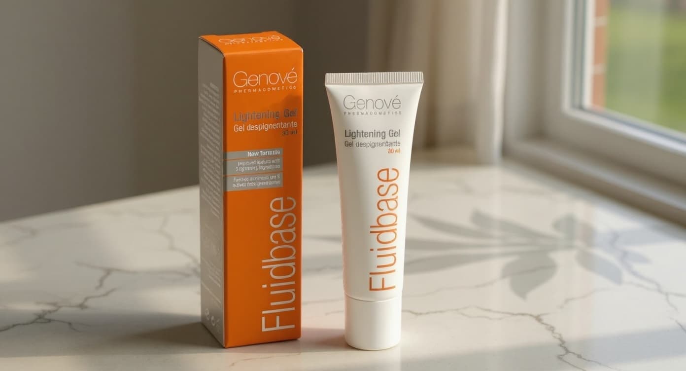 Frasco blanco con gotero de Fluidbase Gel Despigmentante de Genovè sobre superficie de mármol blanco con luz natural suave