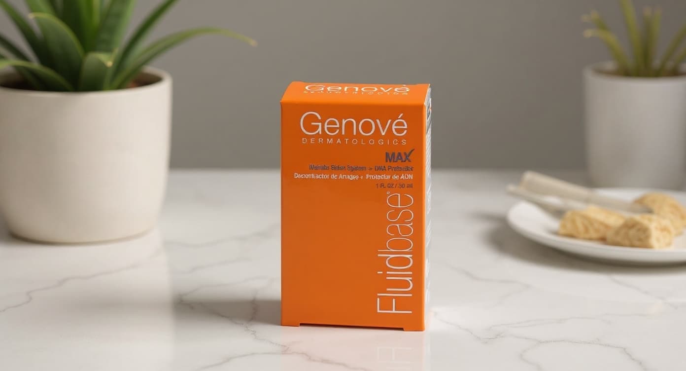 Frasco de sérum antiedad Fluidbase MAX de Genové sobre superficie de mármol blanco con luz natural cálida