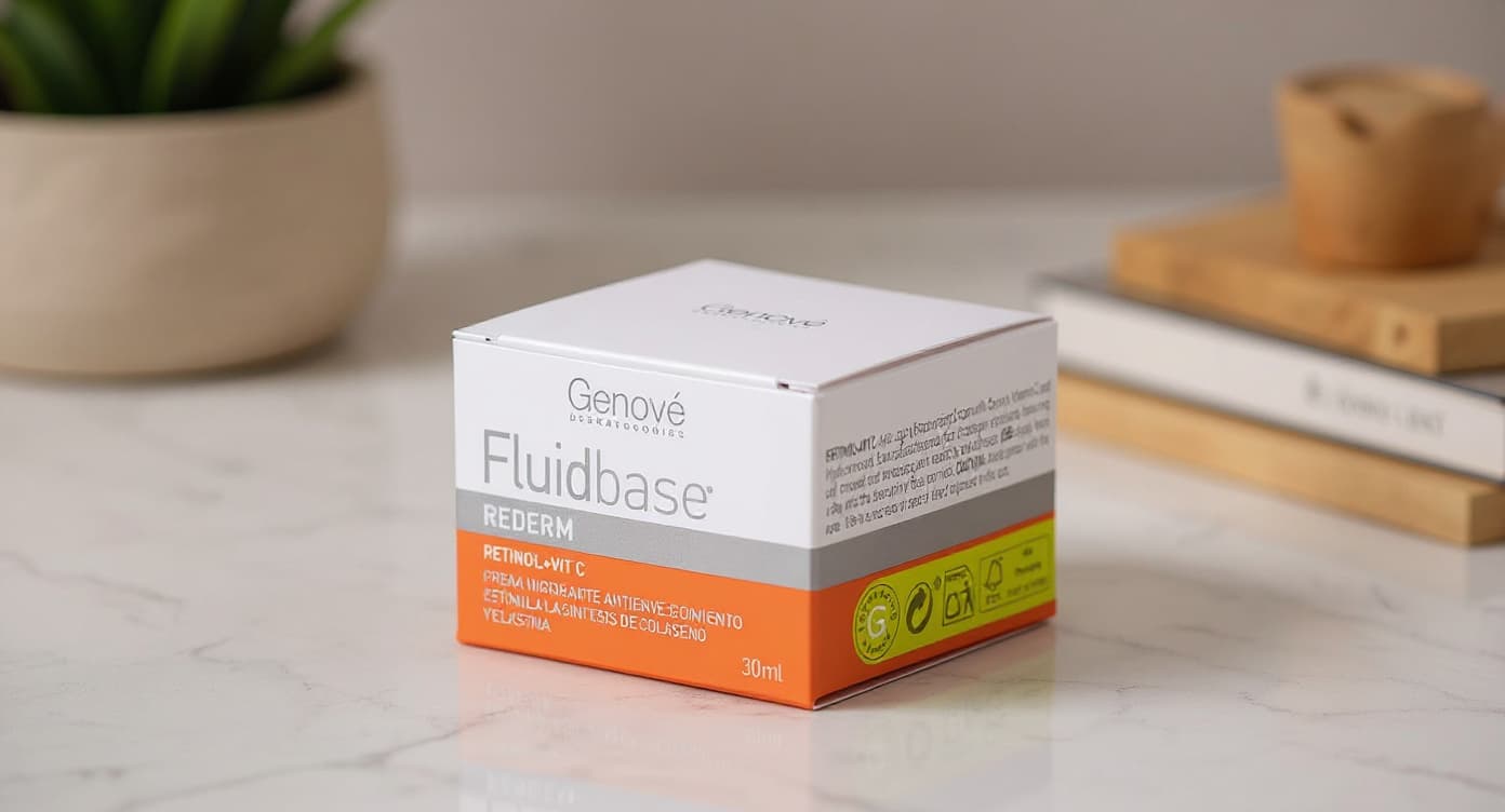 Frasco de crema Fluidbase Rederm Retinol + Vit C sobre superficie de mármol blanco con luz natural suave.