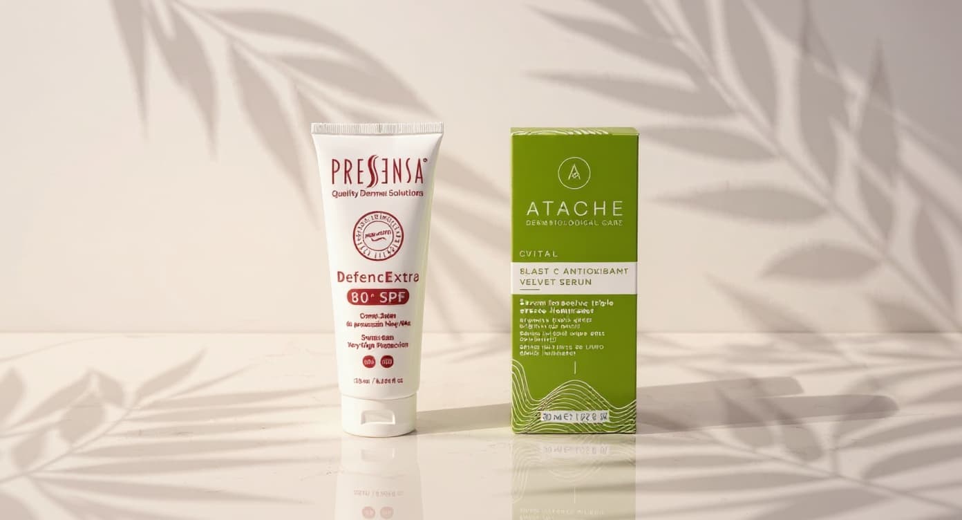 Frasco sérum antioxidante junto a crema fotoprotectora sobre superficie marmol blanco bajo luz natural difusa