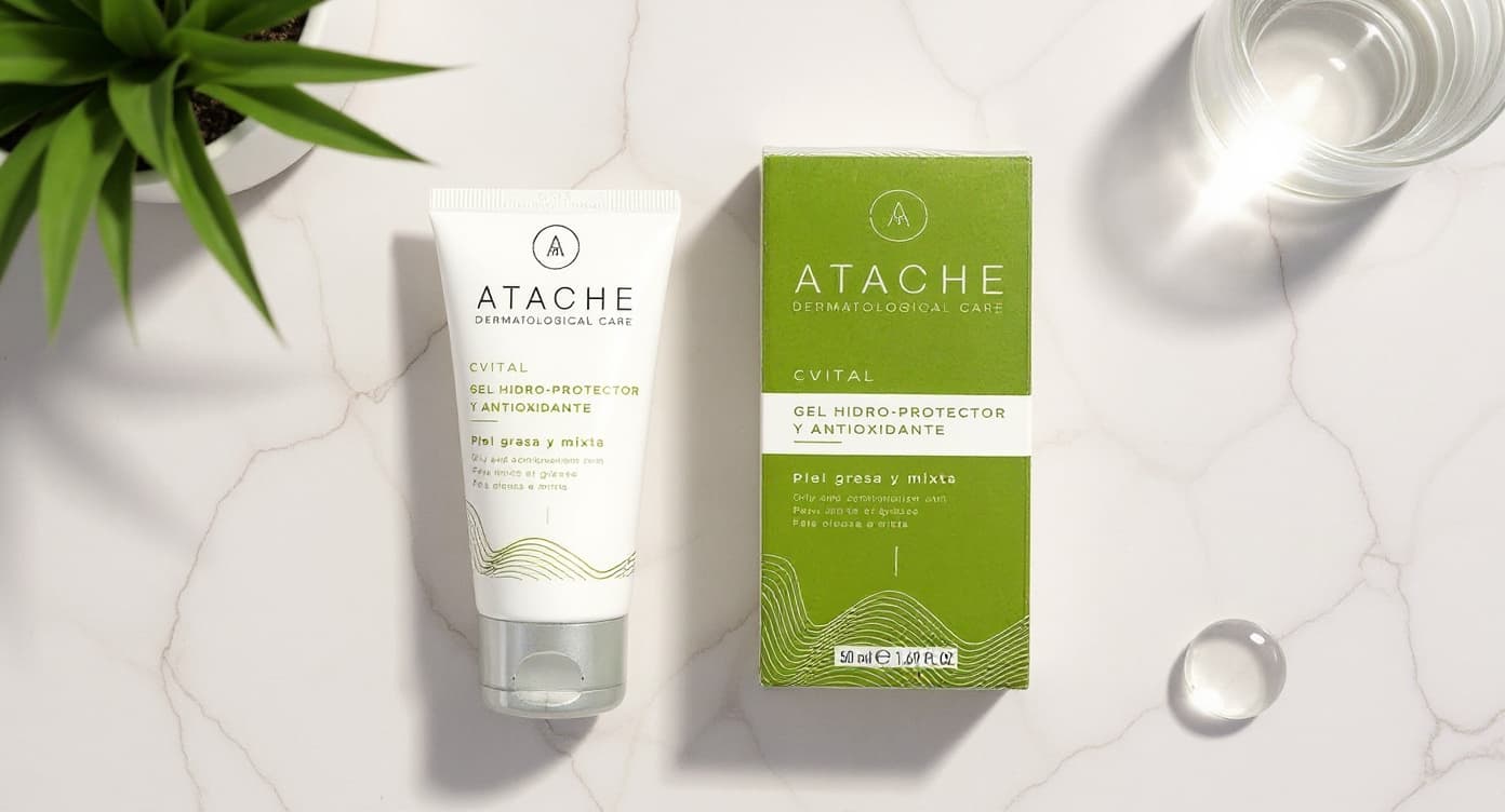Frasco dosificador de gel hidratante Atache sobre superficie de mármol blanco con hoja verde y gota de agua bajo luz natural suave