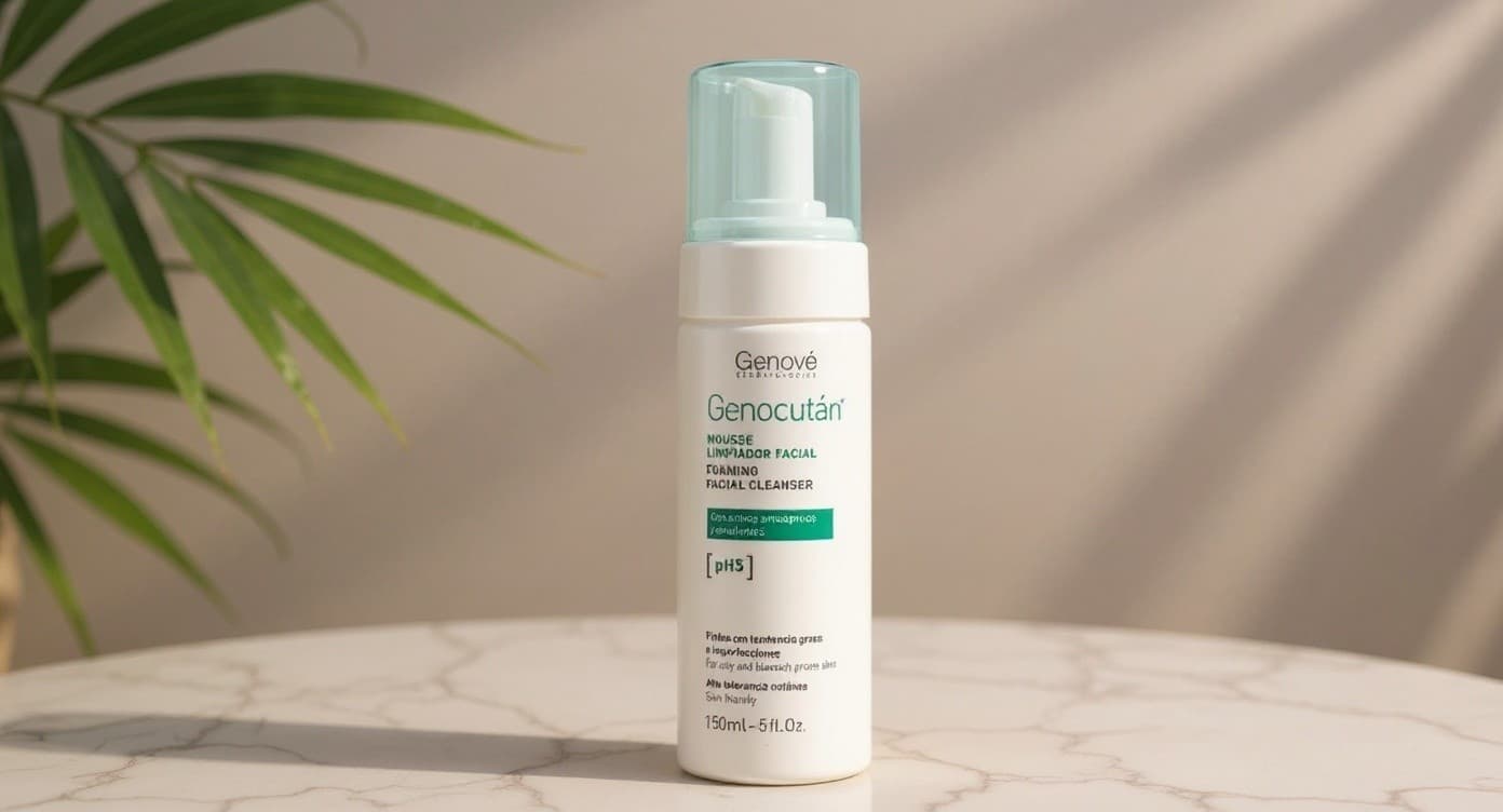 Frasco del Genocutan Mousse Limpiador Facial de Genové sobre mármol blanco con sombra suave de palmera bajo luz cálida