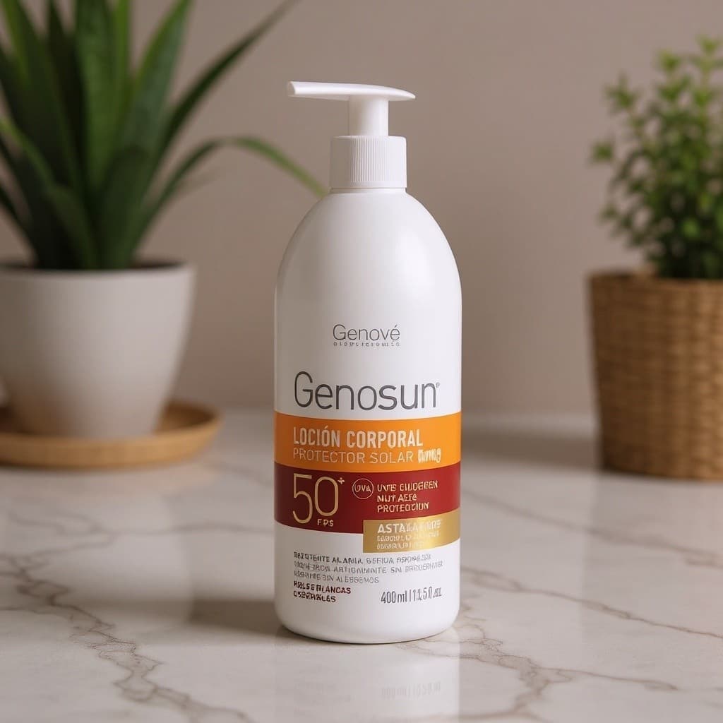 Envase de 400ml del protector solar GENOSUN Family sobre superficie de mármol blanco con luz natural cálida