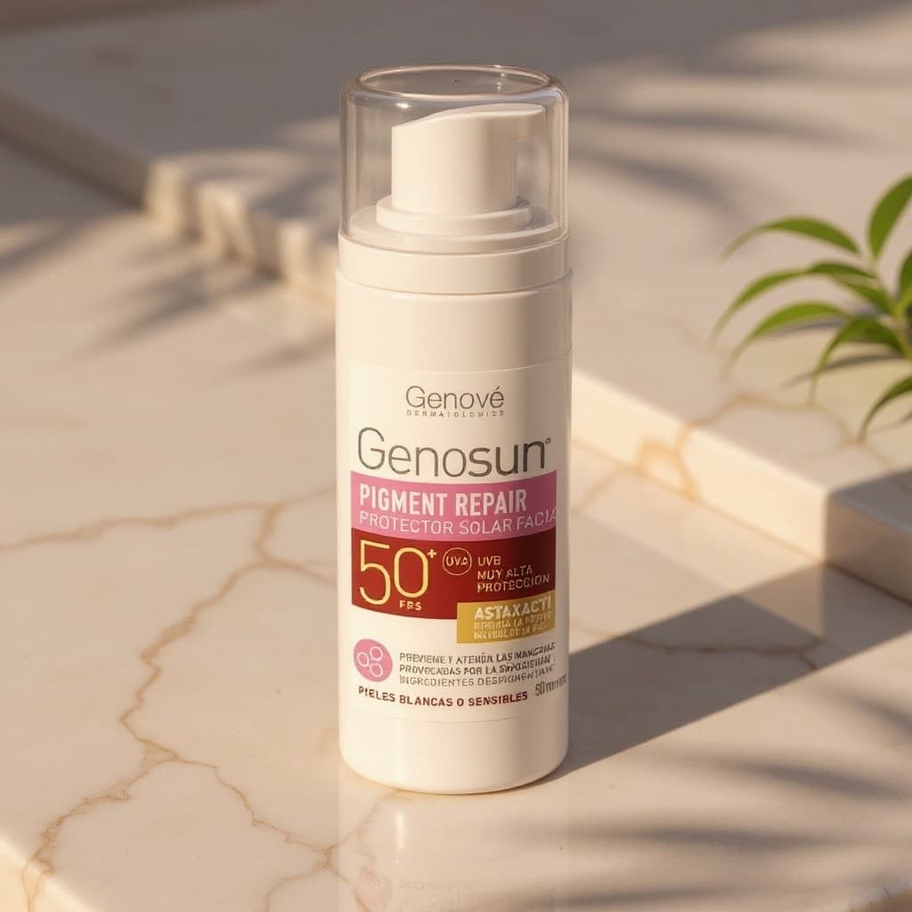 Cápsula de filtro UV abierta junto a Genosun Pigment Repair con polvo mineral visible al lado
