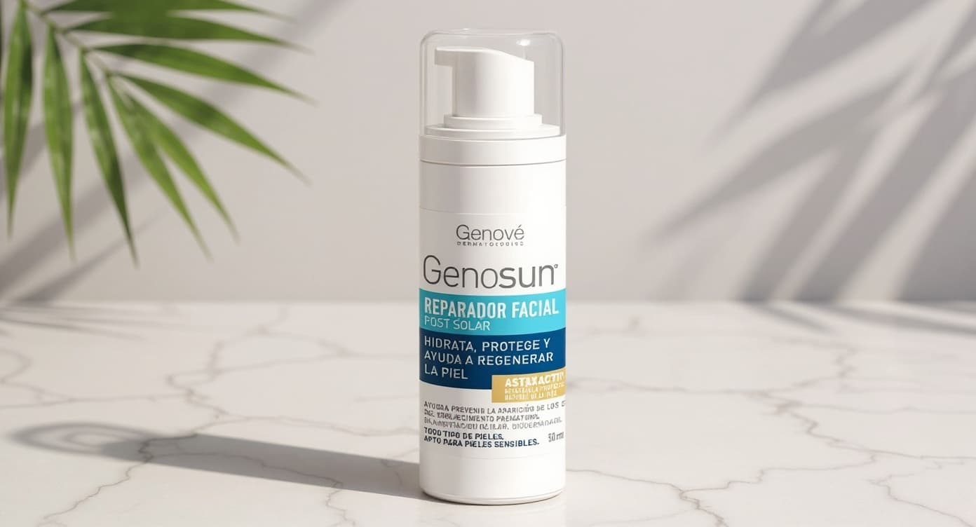 Tubo blanco de Genosun Reparador Facial POST de Genovè sobre superficie de mármol blanco con luz natural cálida