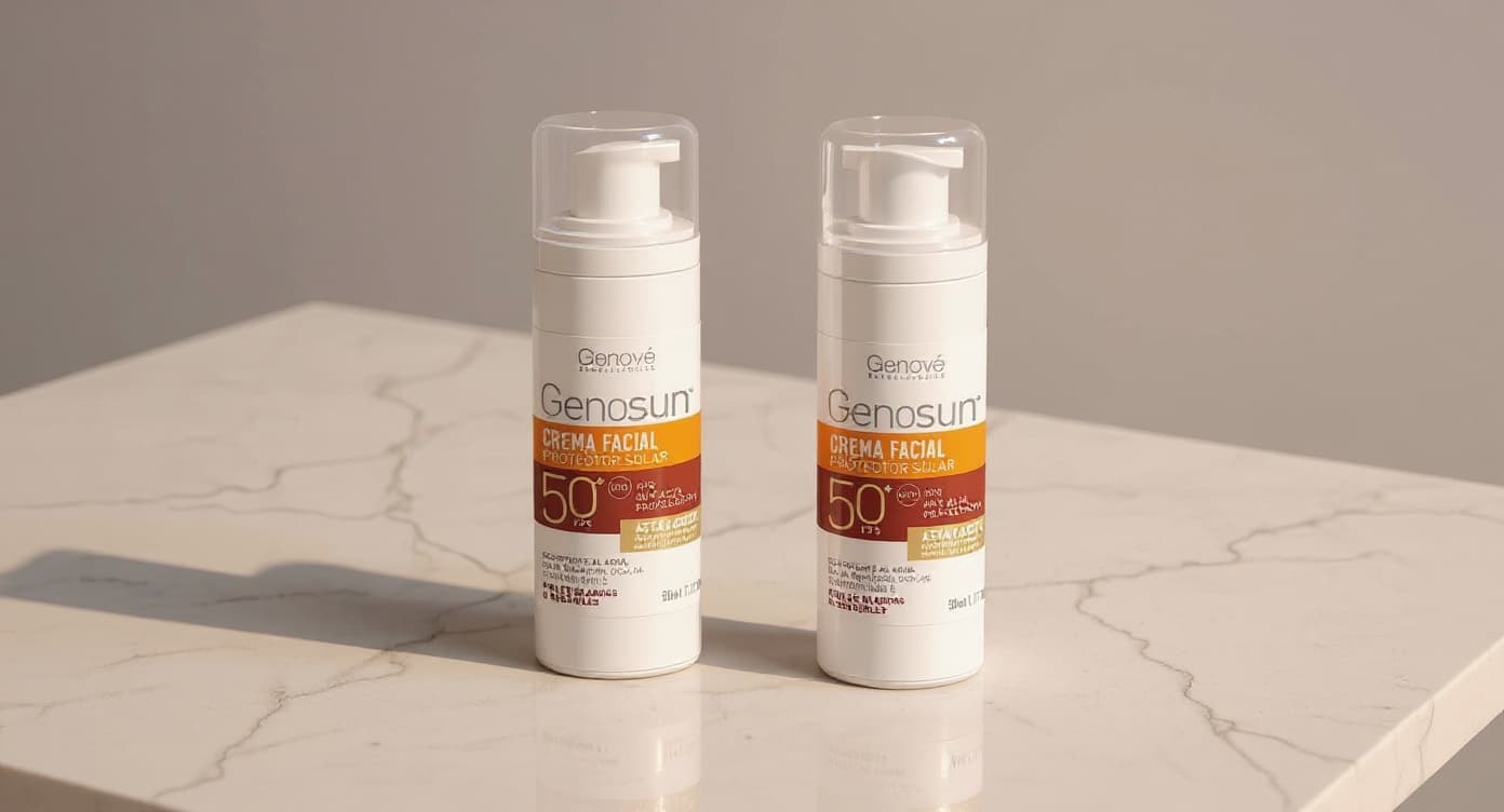 Frascos de sérum color ámbar y crema blanca sobre superficie de mármol con hojas de helecho y luz natural suave