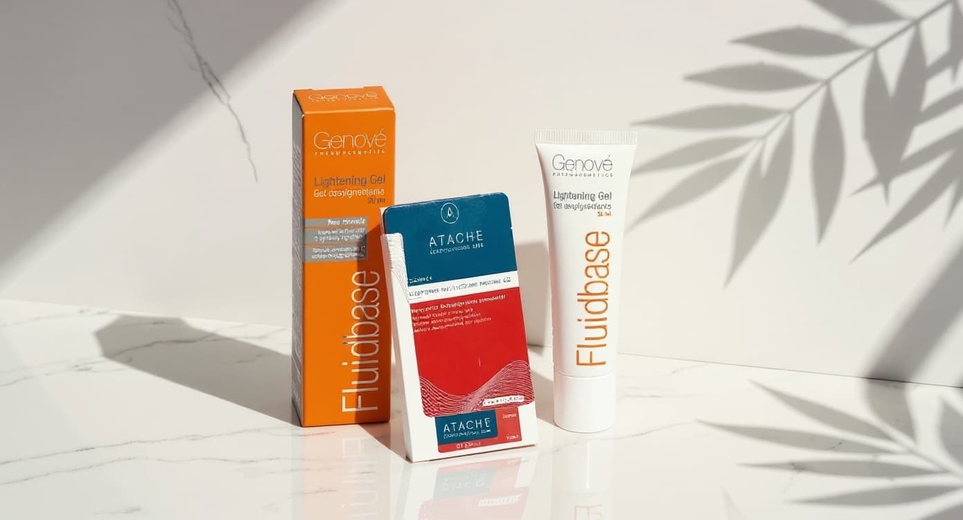 Frasco de sérum despigmentante sobre superficie de mármol blanco con luz natural cálida y sombras suaves