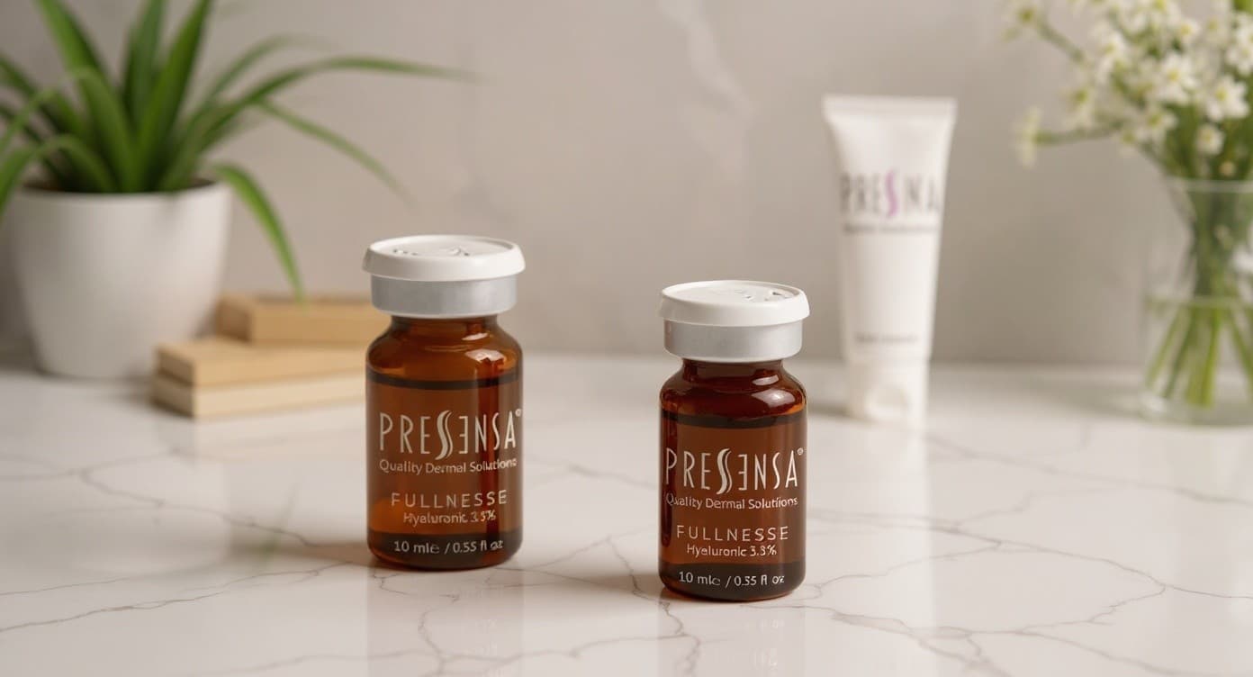 Frasco de sérum de ácido hialurónico junto a gotero sobre superficie de mármol blanco bajo luz natural difusa