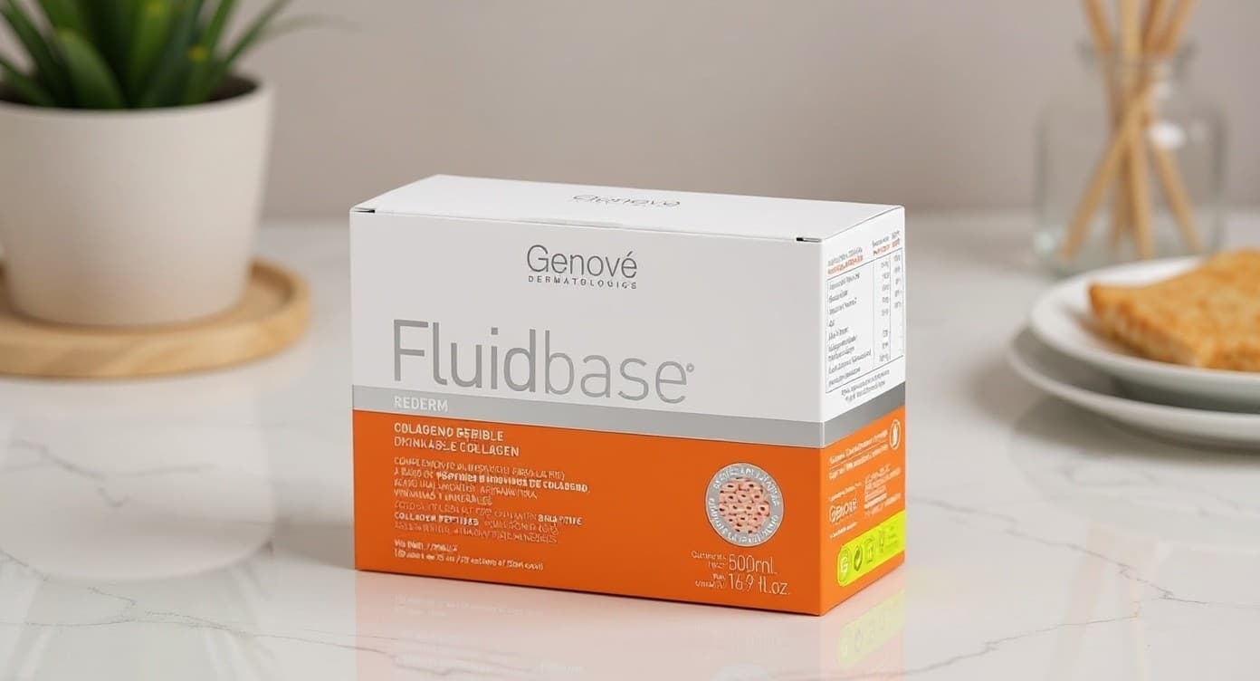 Frasco de colágeno bebible sobre superficie de mármol blanco con luz natural cálida en composición editorial