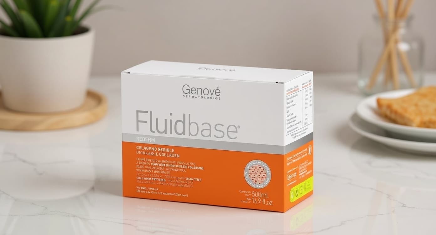 Frasco de colágeno bebible sobre superficie de mármol blanco con luz natural cálida en composición editorial